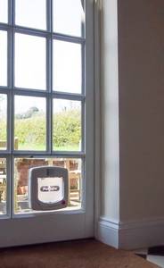 Cat flap into glass panel door - we had to remove mullion bar to accommodate cat flap